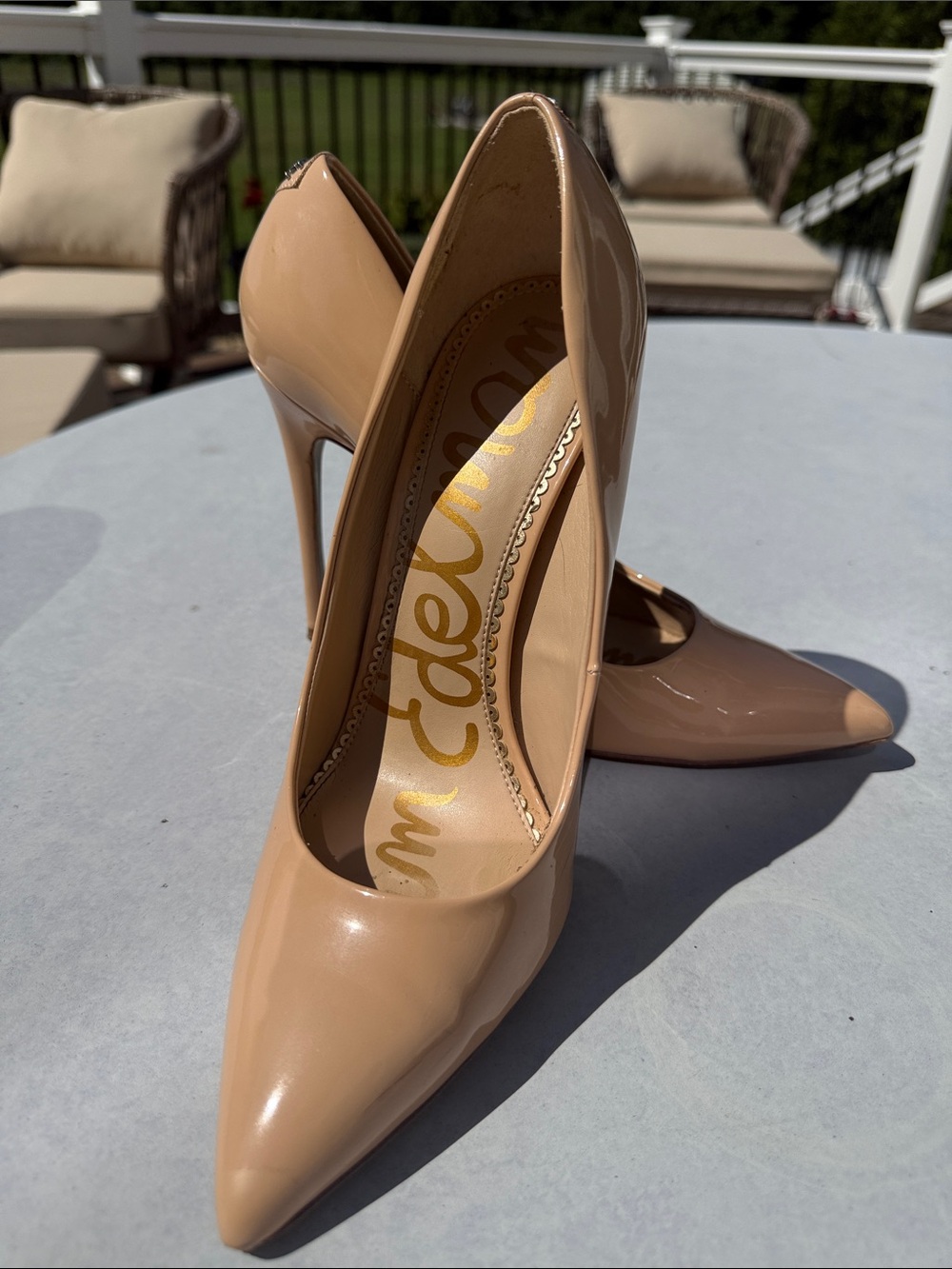 Sam Edelman Beige Patent Pointed-Toe Stiletto Pumps